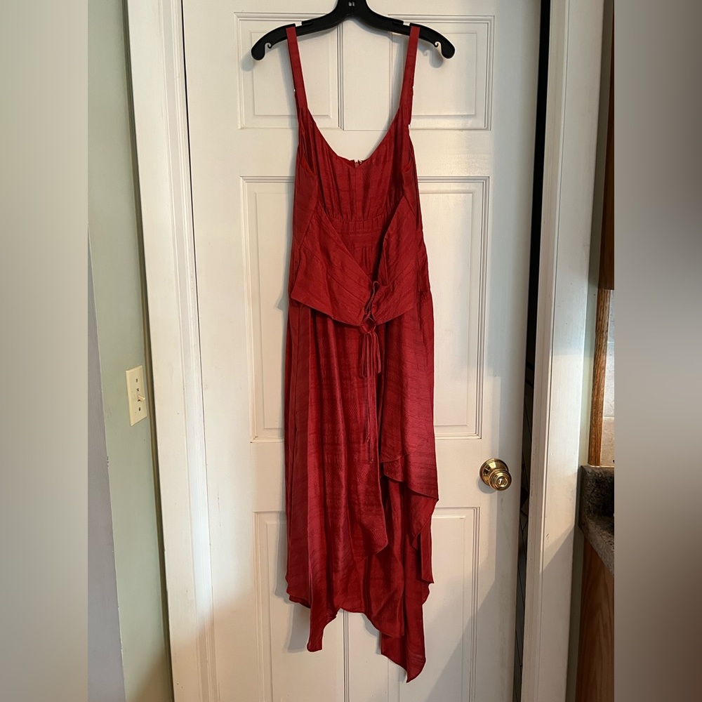 BCBG asymmetrical lace up dress in tandoori spice